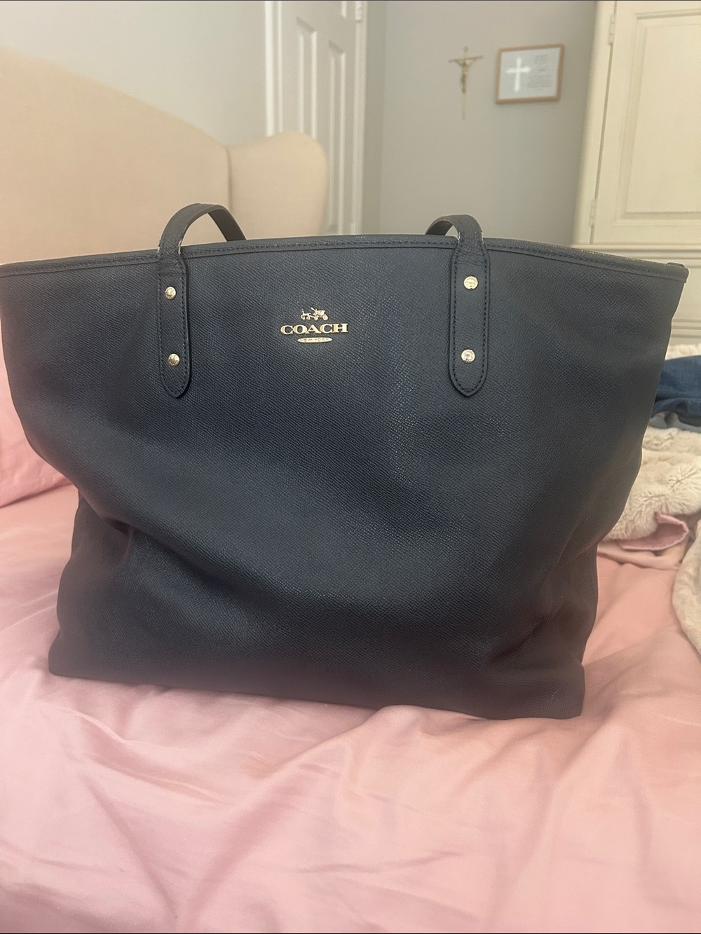 Coach Navy Leather Tote with Gold Hardware